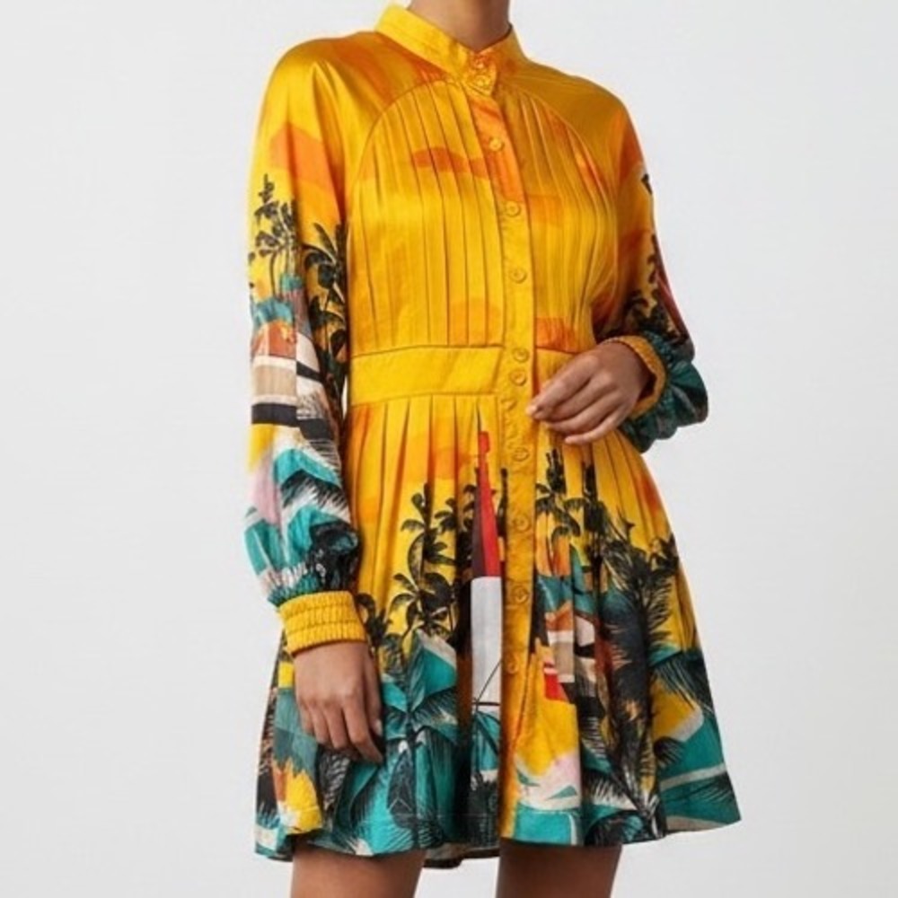 L'atiste Tropical Sunset Palm Tree Pleated Mini Dress M eclectic maximalist boho